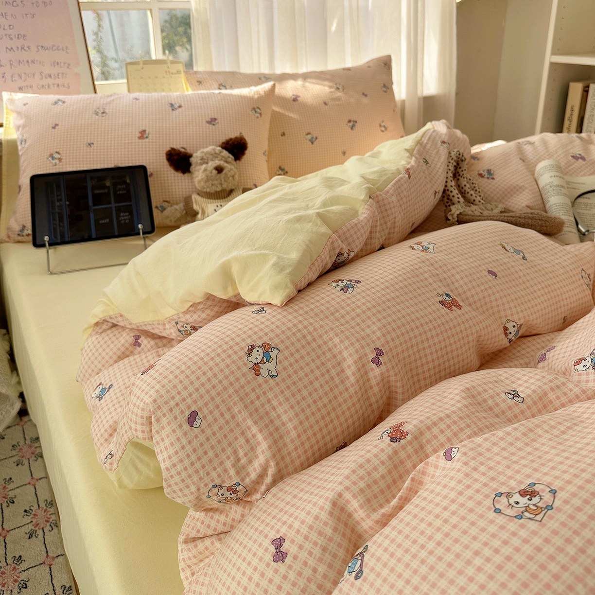 91家纺网 家纺一手货源 找家纺 沐芷 2026 【提供买家秀】古法水洗仿棉A类四件套床上用品三件套被套被罩床笠款---第二波 格恋KT猫