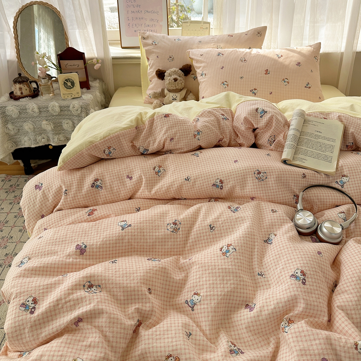 91家纺网 家纺一手货源 找家纺 沐芷 2026 【提供买家秀】古法水洗仿棉A类四件套床上用品三件套被套被罩床笠款---第二波 格恋KT猫