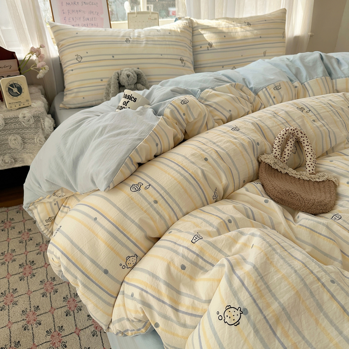 沐芷 2026 【提供买家秀】古法水洗仿棉A类四件套床上用品三件套被套被罩床笠款---第二波 漫游小鱼