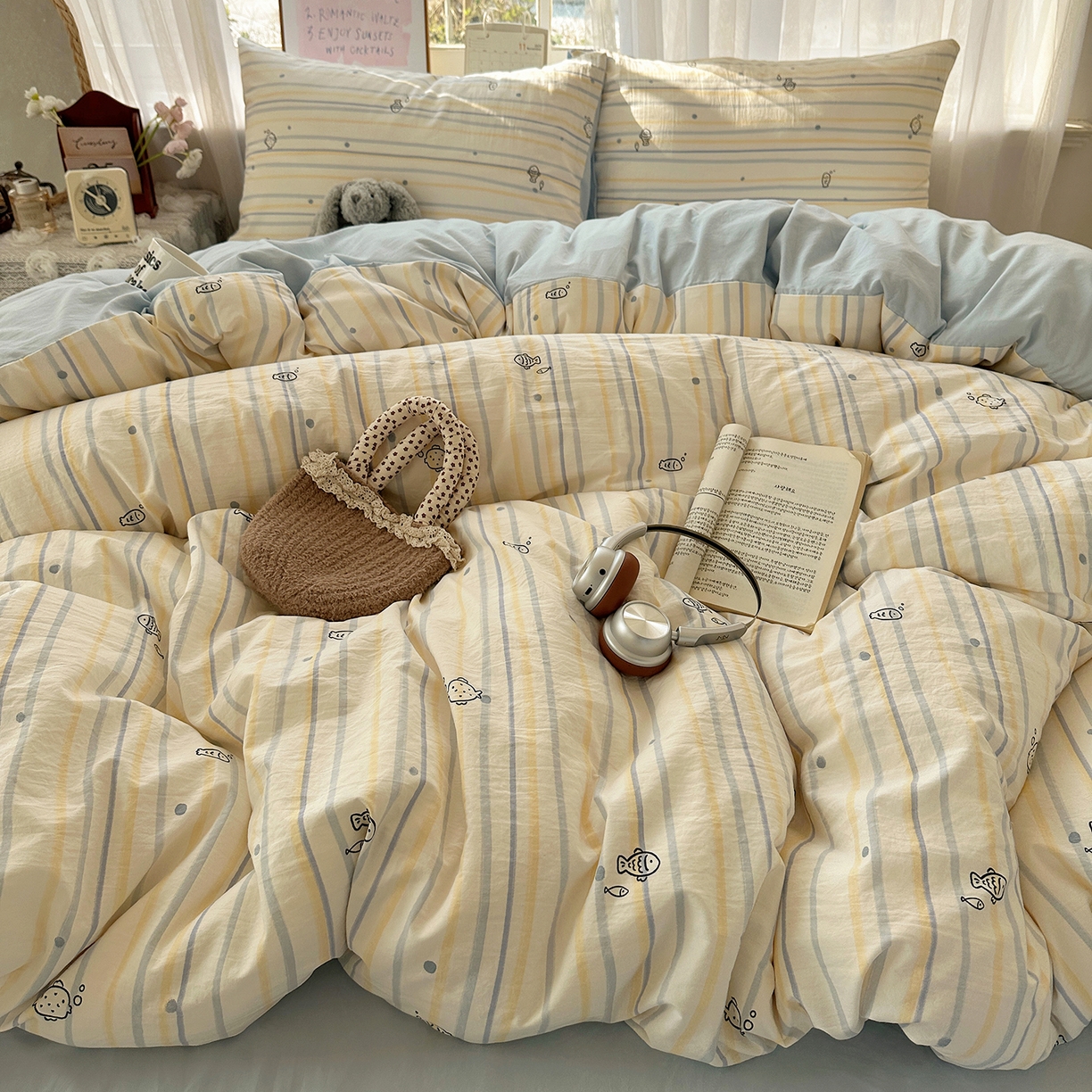 91家纺网 家纺一手货源 找家纺 沐芷 2026 【提供买家秀】古法水洗仿棉A类四件套床上用品三件套被套被罩床笠款---第二波 漫游小鱼