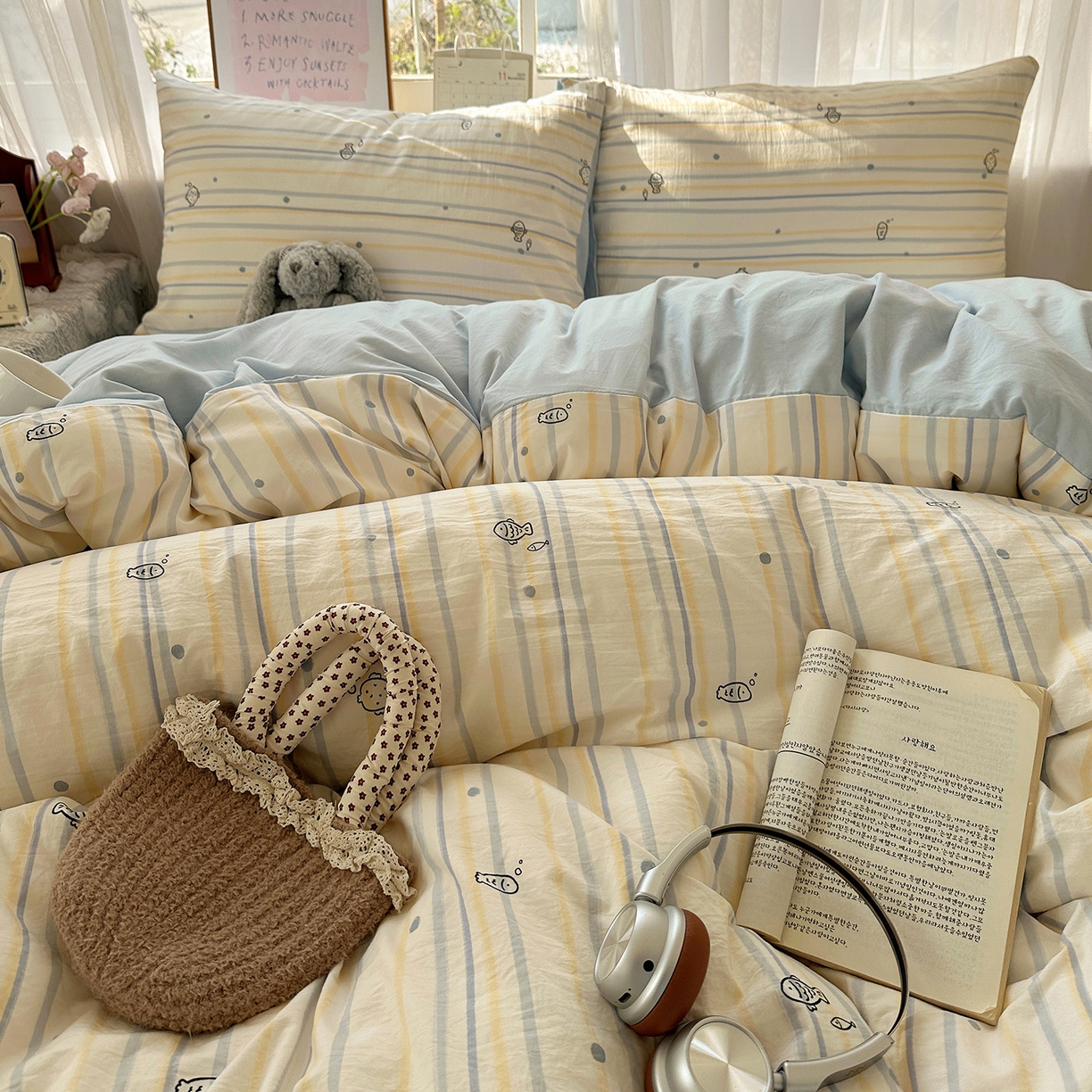 91家纺网 家纺一手货源 找家纺 沐芷 2026 【提供买家秀】古法水洗仿棉A类四件套床上用品三件套被套被罩床笠款---第二波 漫游小鱼