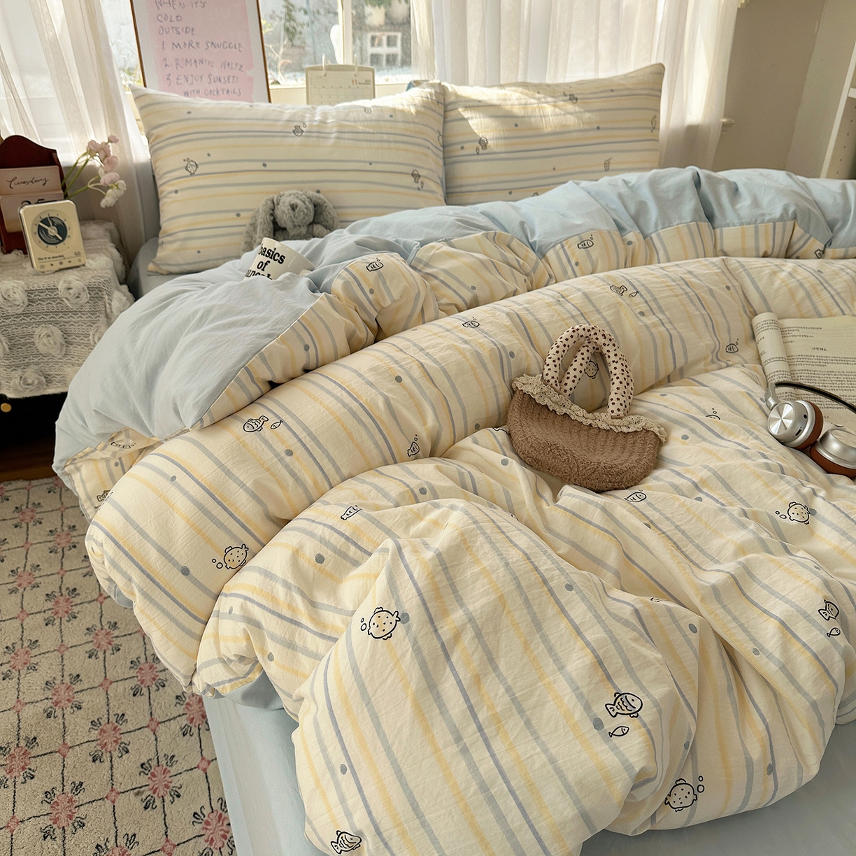 91家纺网 家纺一手货源 找家纺 沐芷 2026 【提供买家秀】古法水洗仿棉A类四件套床上用品三件套被套被罩床笠款---第二波 漫游小鱼