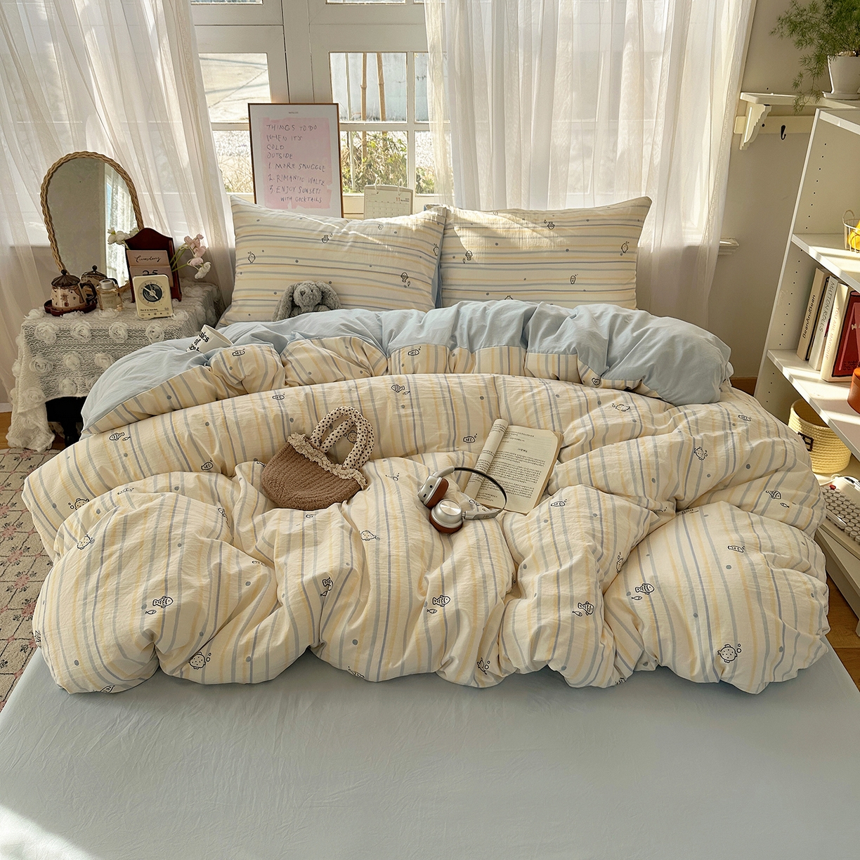 91家纺网 家纺一手货源 找家纺 沐芷 2026 【提供买家秀】古法水洗仿棉A类四件套床上用品三件套被套被罩床笠款---第二波 漫游小鱼