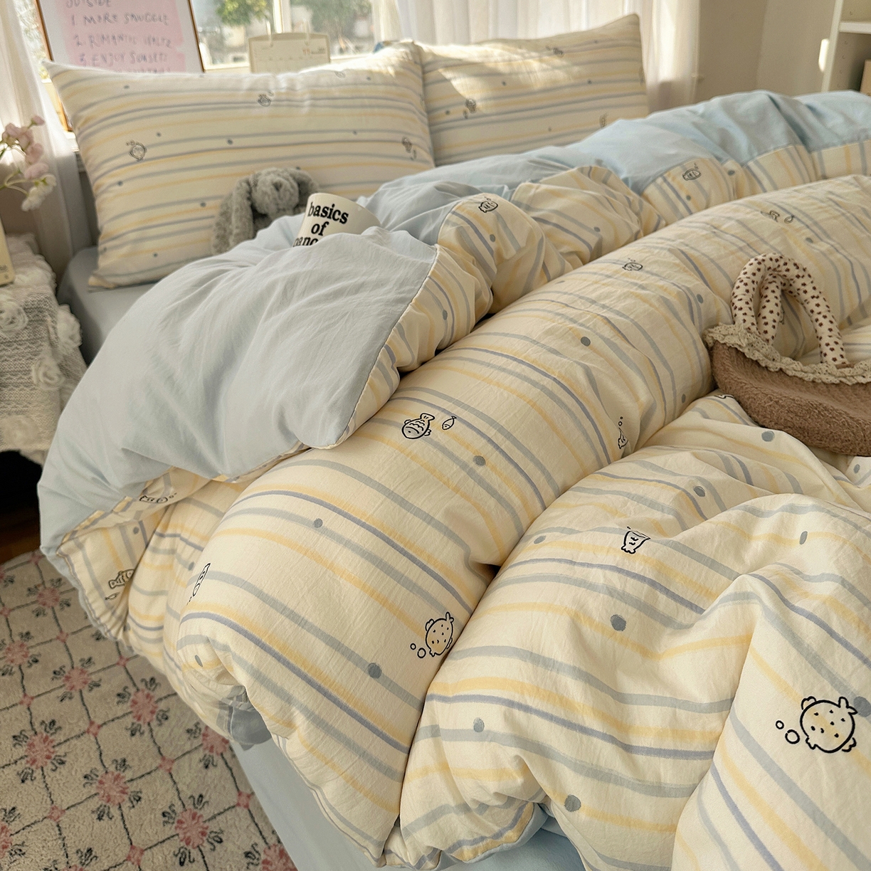 91家纺网 家纺一手货源 找家纺 沐芷 2026 【提供买家秀】古法水洗仿棉A类四件套床上用品三件套被套被罩床笠款---第二波 漫游小鱼