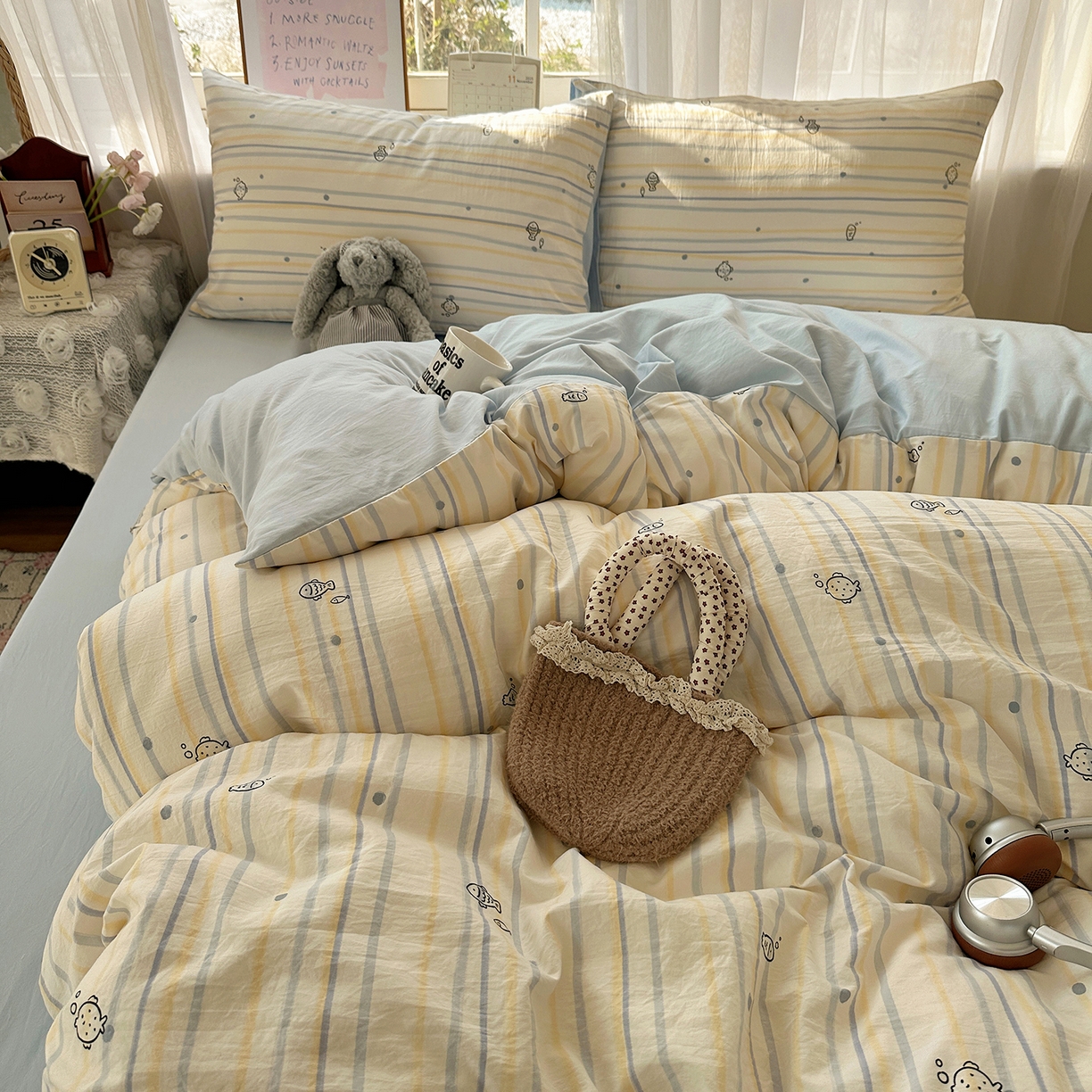 91家纺网 家纺一手货源 找家纺 沐芷 2026 【提供买家秀】古法水洗仿棉A类四件套床上用品三件套被套被罩床笠款---第二波 漫游小鱼