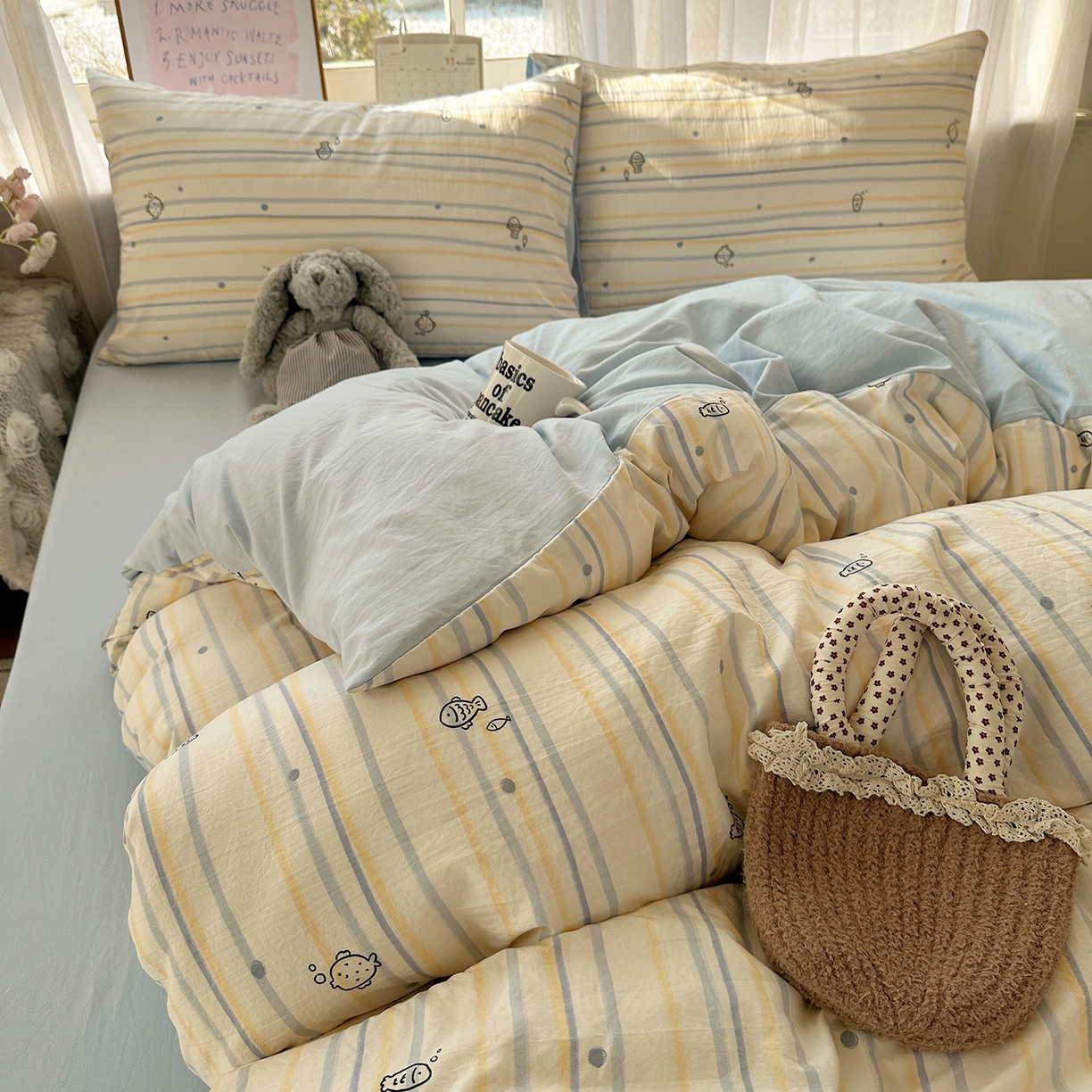 91家纺网 家纺一手货源 找家纺 沐芷 2026 【提供买家秀】古法水洗仿棉A类四件套床上用品三件套被套被罩床笠款---第二波 漫游小鱼