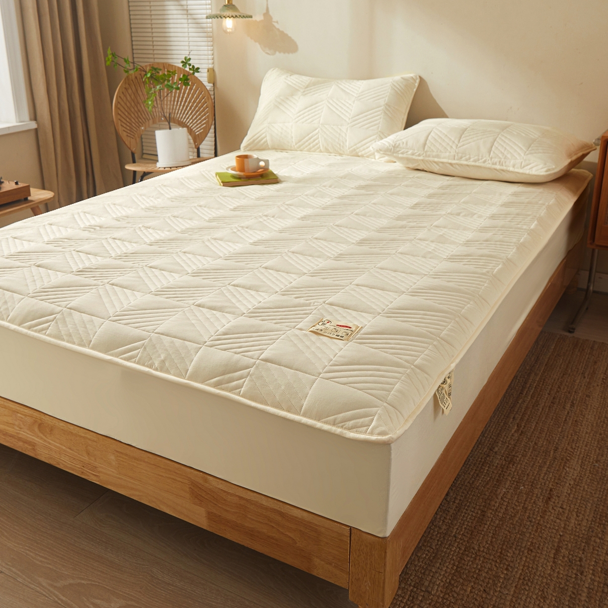 91家纺网 家纺一手货源 找家纺 鹿辉家居（原吉欧力） 2026新款方格纹原棉夹棉床笠单品床笠床笠单件 方格纹-米白