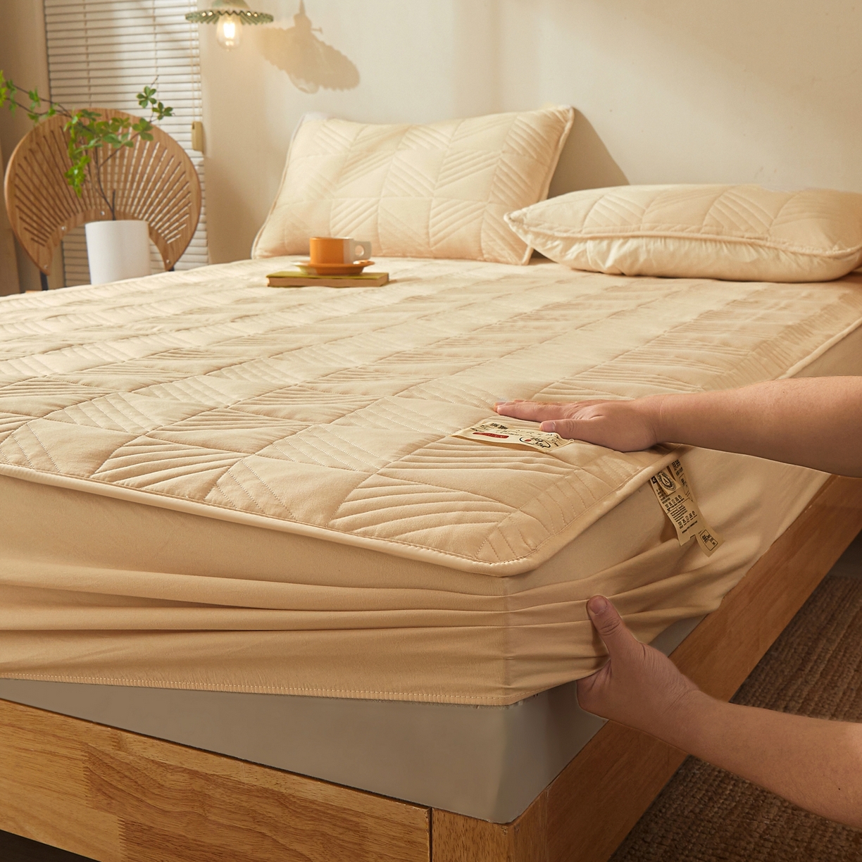 91家纺网 家纺一手货源 找家纺 鹿辉家居（原吉欧力） 2026新款方格纹原棉夹棉床笠单品床笠床笠单件 方格纹-卡其