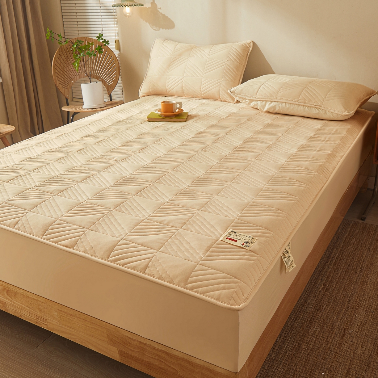 91家纺网 家纺一手货源 找家纺 鹿辉家居（原吉欧力） 2026新款方格纹原棉夹棉床笠单品床笠床笠单件 方格纹-卡其