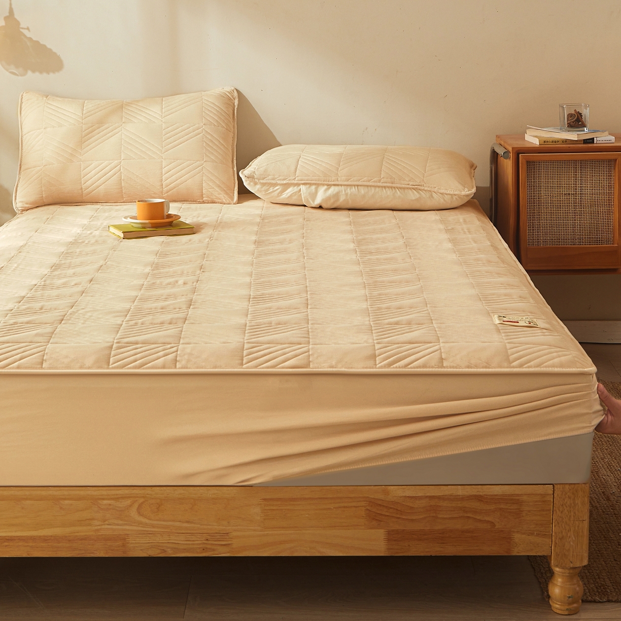 91家纺网 家纺一手货源 找家纺 鹿辉家居（原吉欧力） 2026新款方格纹原棉夹棉床笠单品床笠床笠单件 方格纹-卡其