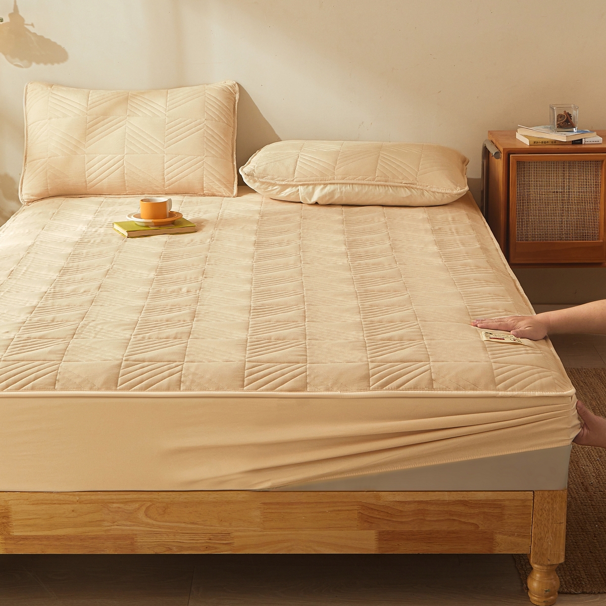 91家纺网 家纺一手货源 找家纺 鹿辉家居（原吉欧力） 2026新款方格纹原棉夹棉床笠单品床笠床笠单件 方格纹-卡其