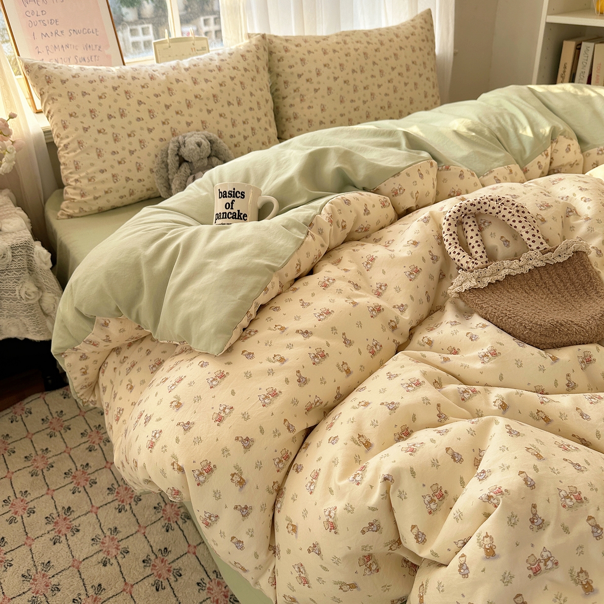 91家纺网 家纺一手货源 找家纺 沐芷 2026 【提供买家秀】古法水洗仿棉A类四件套床上用品三件套被套被罩床笠款---第二波 森林小伙伴