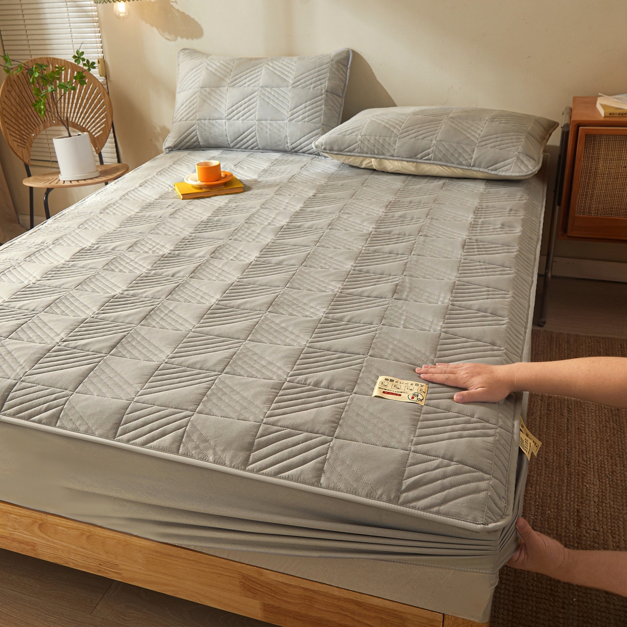 91家纺网 家纺一手货源 找家纺 鹿辉家居（原吉欧力） 2026新款方格纹原棉夹棉床笠单品床笠床笠单件 方格纹-灰色