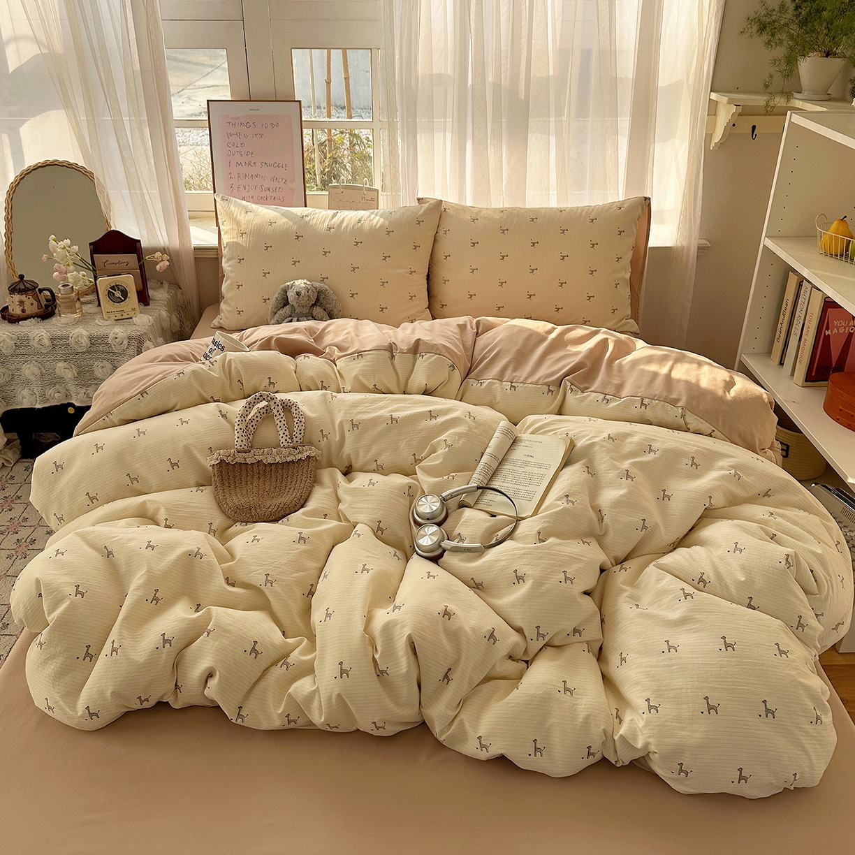 91家纺网 家纺一手货源 找家纺 沐芷 2026 【提供买家秀】古法水洗仿棉A类四件套床上用品三件套被套被罩床笠款---第二波 线条长颈鹿