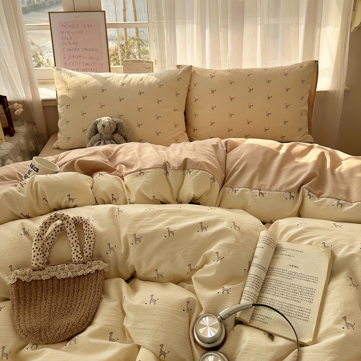 91家纺网 家纺一手货源 找家纺 沐芷 2026 【提供买家秀】古法水洗仿棉A类四件套床上用品三件套被套被罩床笠款---第二波 线条长颈鹿