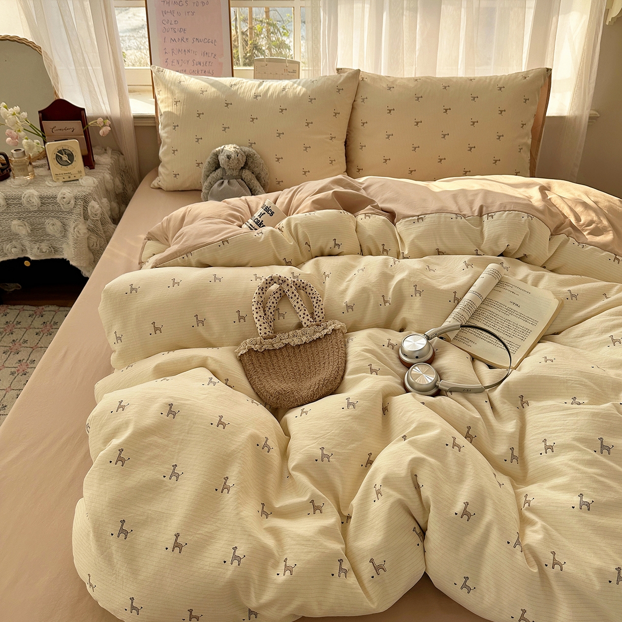 91家纺网 家纺一手货源 找家纺 沐芷 2026 【提供买家秀】古法水洗仿棉A类四件套床上用品三件套被套被罩床笠款---第二波 线条长颈鹿