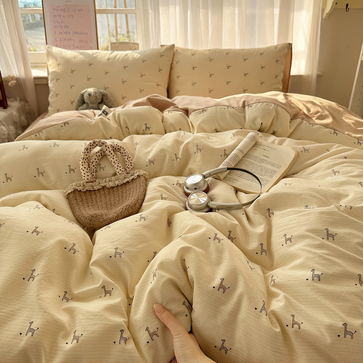 91家纺网 家纺一手货源 找家纺 沐芷 2026 【提供买家秀】古法水洗仿棉A类四件套床上用品三件套被套被罩床笠款---第二波 线条长颈鹿