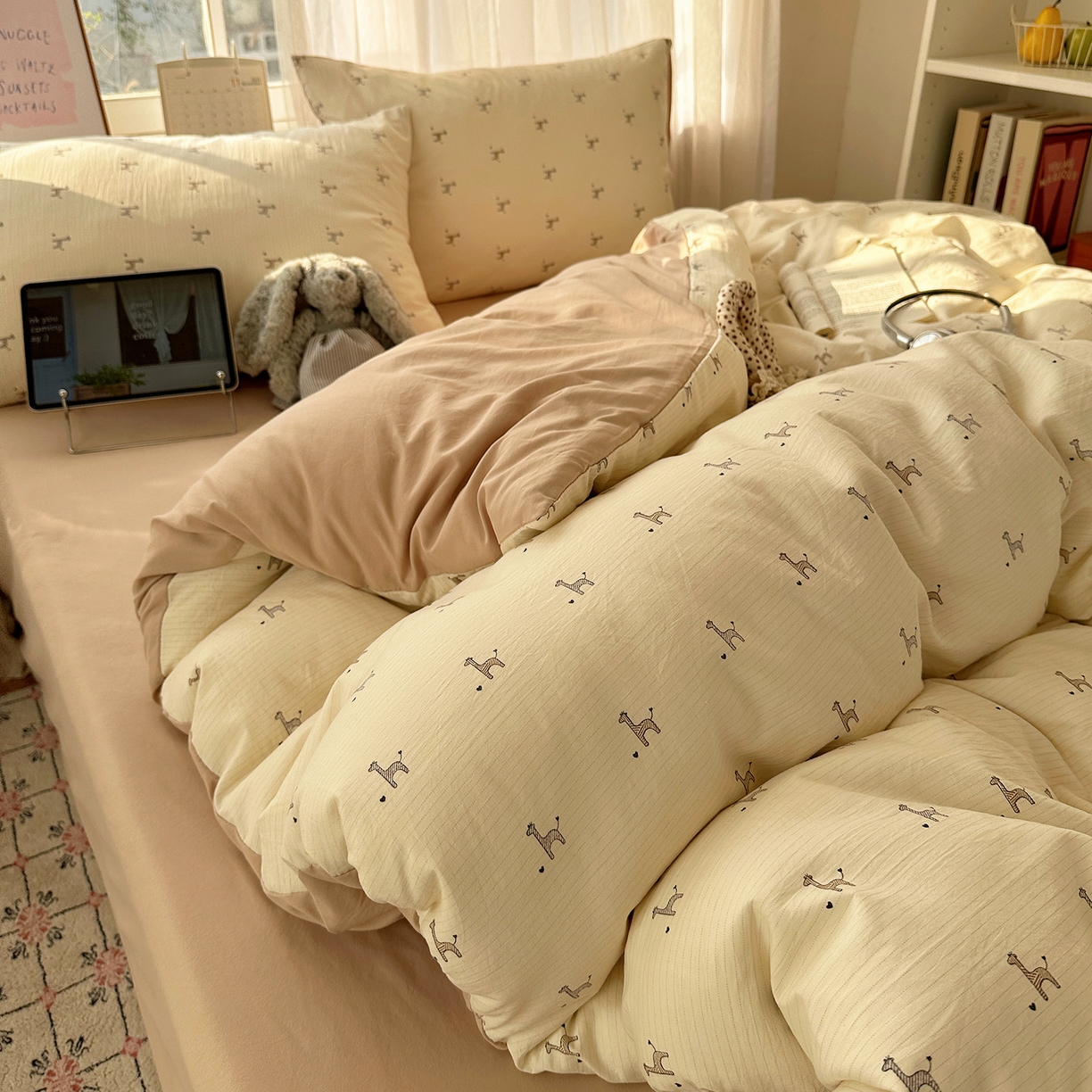 91家纺网 家纺一手货源 找家纺 沐芷 2026 【提供买家秀】古法水洗仿棉A类四件套床上用品三件套被套被罩床笠款---第二波 线条长颈鹿