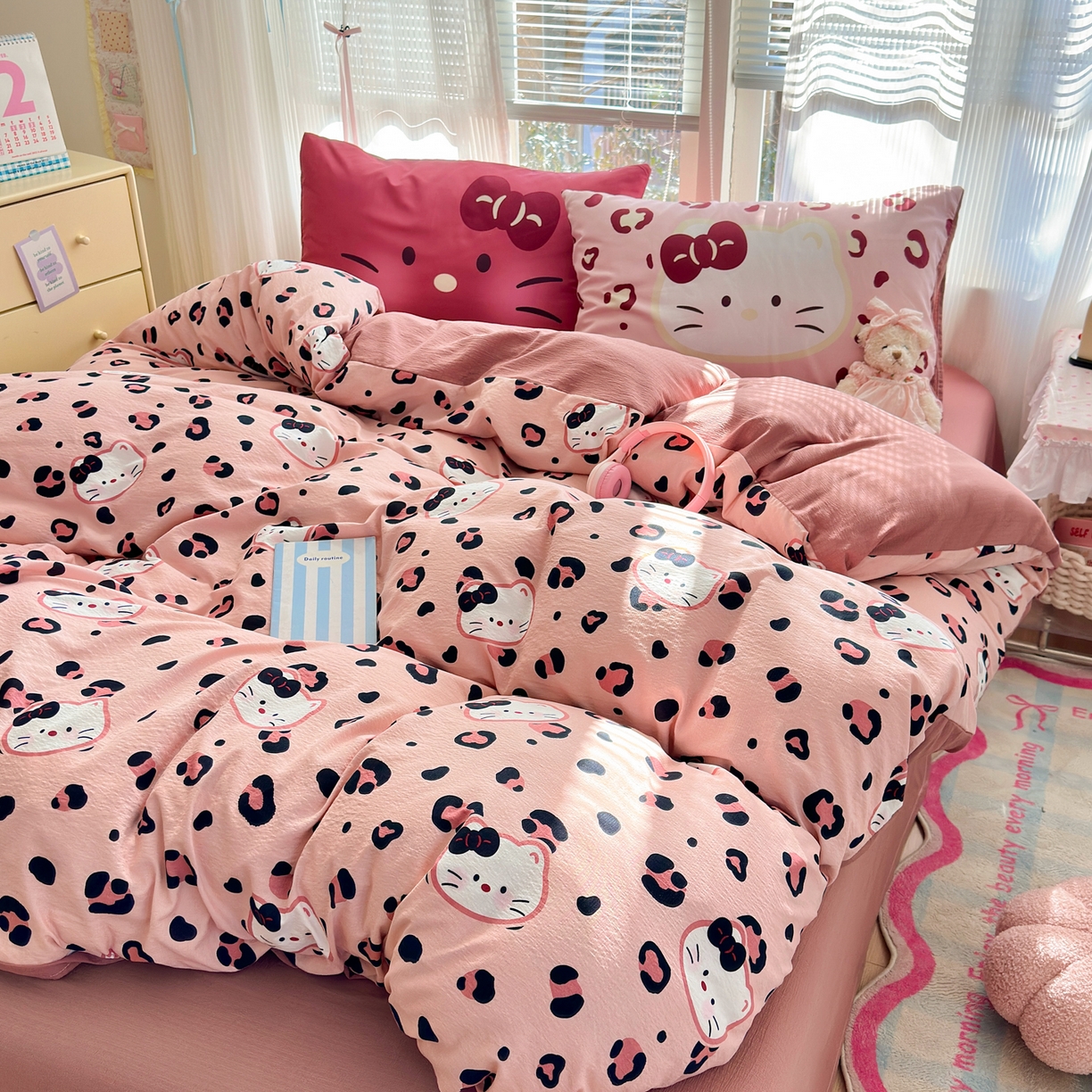 91家纺网 家纺一手货源 找家纺 一霖家纺 2026新款云感皱皱纱小清新印花数码系列四件套 小红书爆款 大脸二胡猫-粉