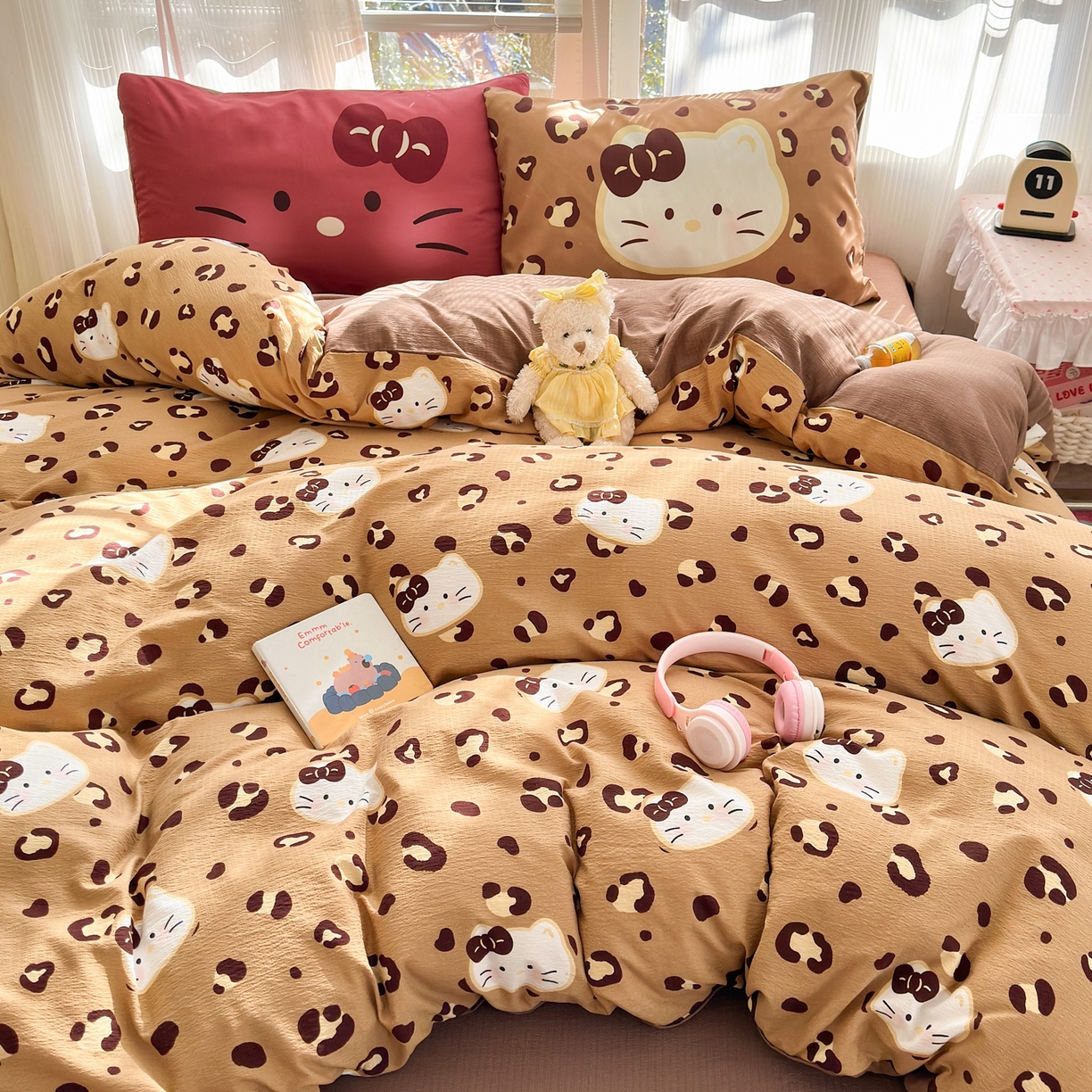 一霖家纺 2026新款云感皱皱纱小清新印花数码系列四件套 小红书爆款 大脸二胡猫-咖