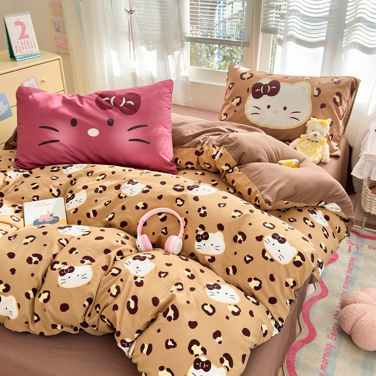 91家纺网 家纺一手货源 找家纺 一霖家纺 2026新款云感皱皱纱小清新印花数码系列四件套 小红书爆款 大脸二胡猫-咖