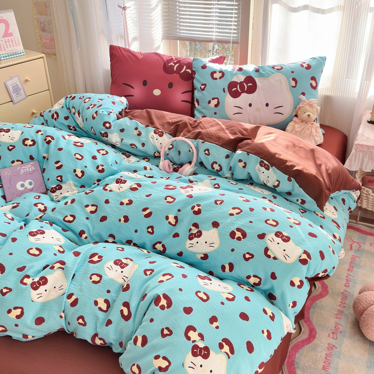 91家纺网 家纺一手货源 找家纺 一霖家纺 2026新款云感皱皱纱小清新印花数码系列四件套 小红书爆款 大脸二胡猫-蓝