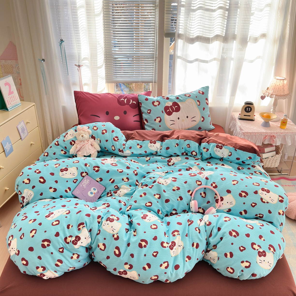 91家纺网 家纺一手货源 找家纺 一霖家纺 2026新款云感皱皱纱小清新印花数码系列四件套 小红书爆款 大脸二胡猫-蓝