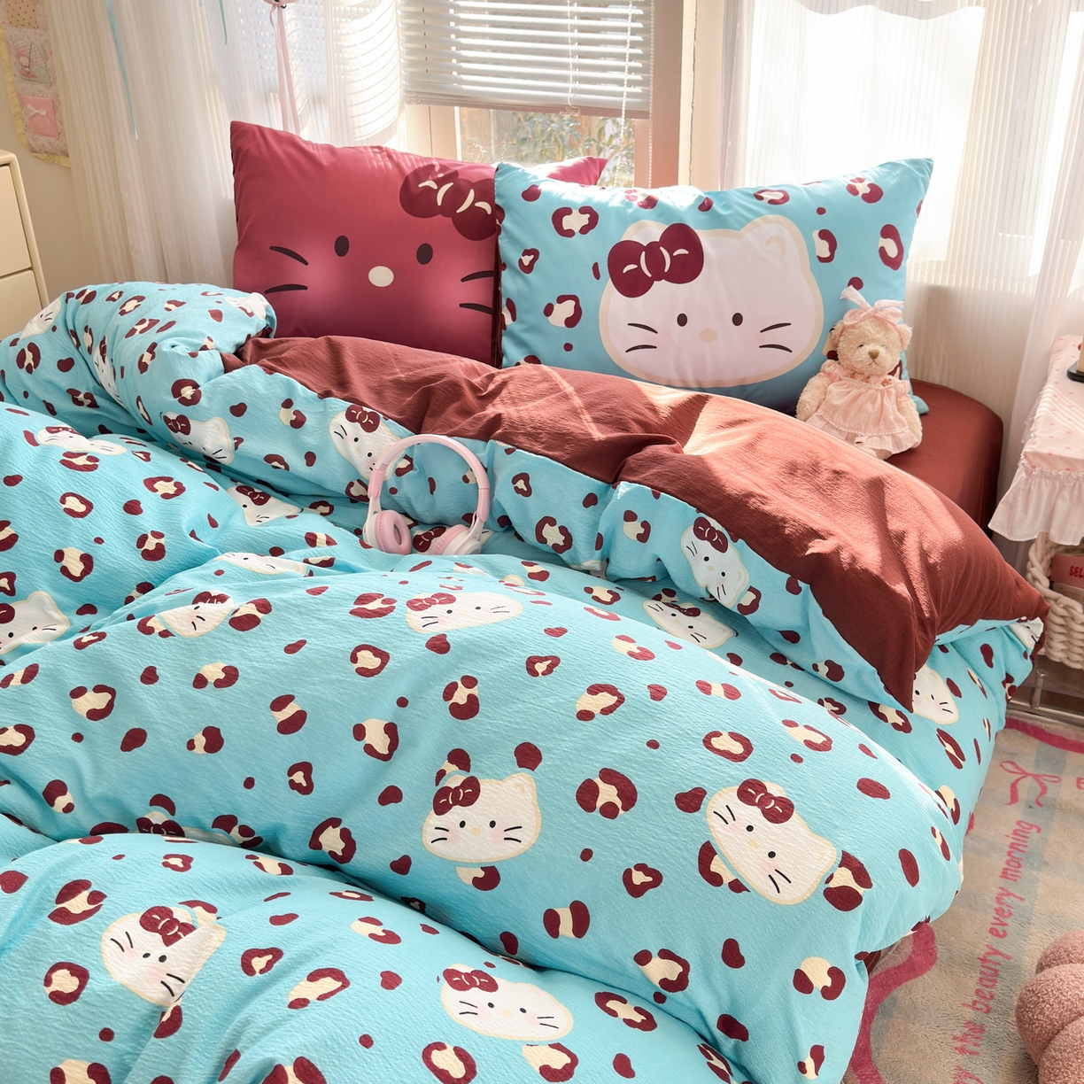 91家纺网 家纺一手货源 找家纺 一霖家纺 2026新款云感皱皱纱小清新印花数码系列四件套 小红书爆款 大脸二胡猫-蓝