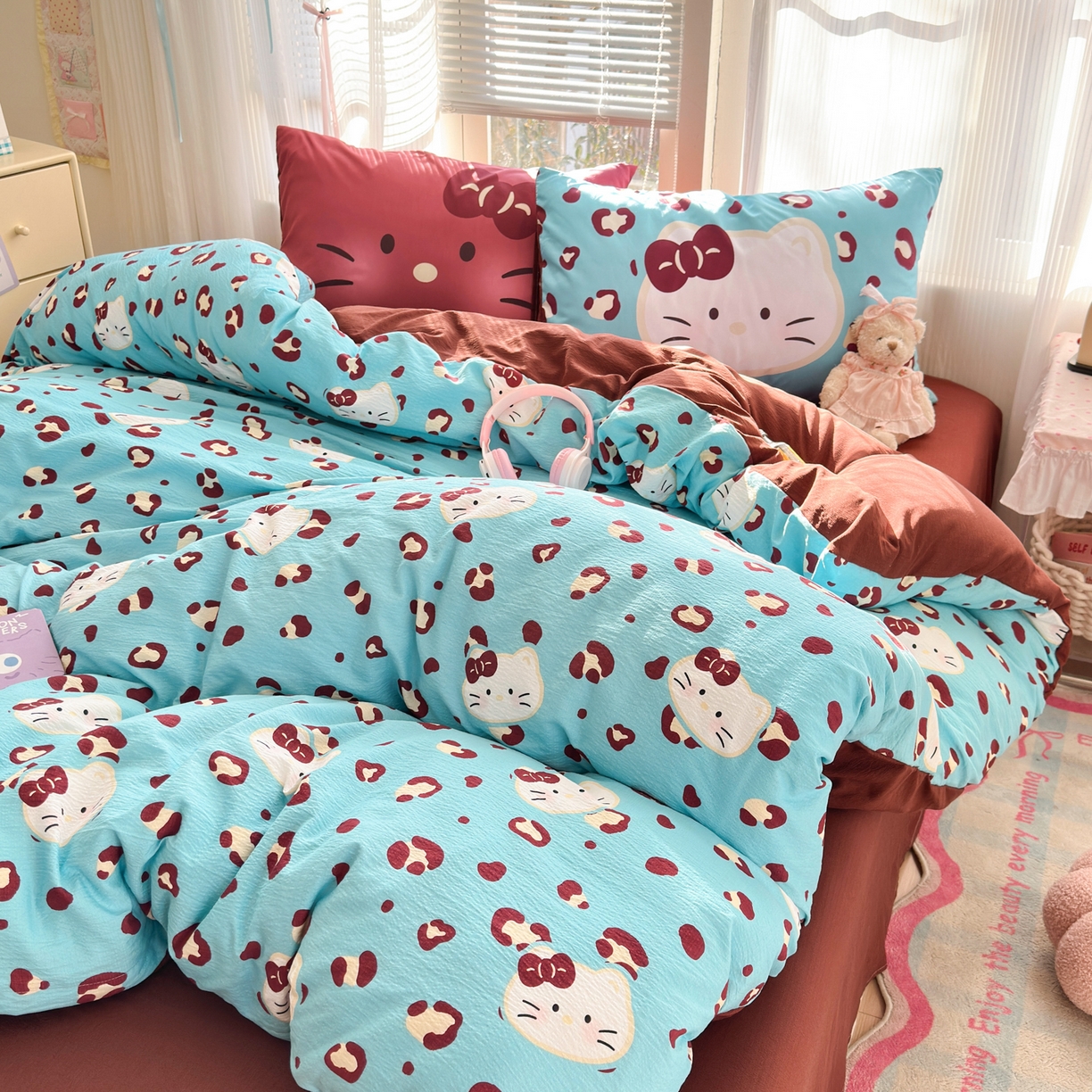 91家纺网 家纺一手货源 找家纺 一霖家纺 2026新款云感皱皱纱小清新印花数码系列四件套 小红书爆款 大脸二胡猫-蓝