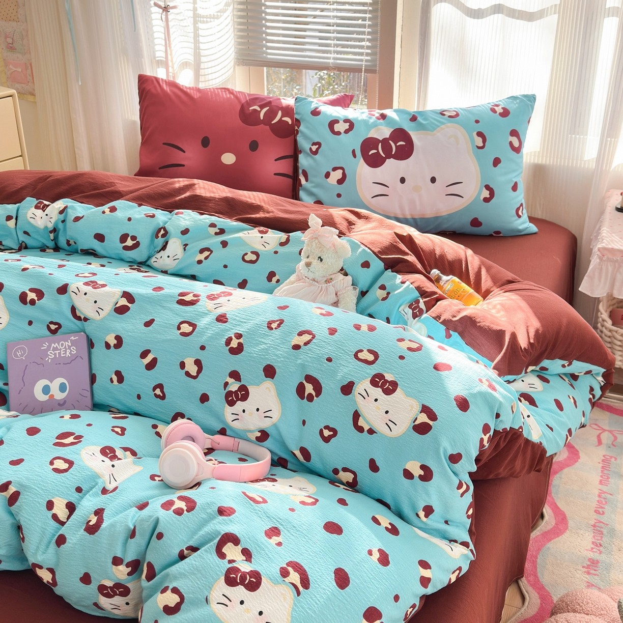 91家纺网 家纺一手货源 找家纺 一霖家纺 2026新款云感皱皱纱小清新印花数码系列四件套 小红书爆款 大脸二胡猫-蓝