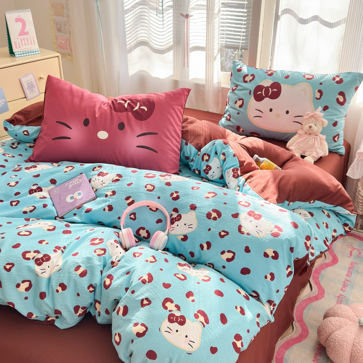 91家纺网 家纺一手货源 找家纺 一霖家纺 2026新款云感皱皱纱小清新印花数码系列四件套 小红书爆款 大脸二胡猫-蓝