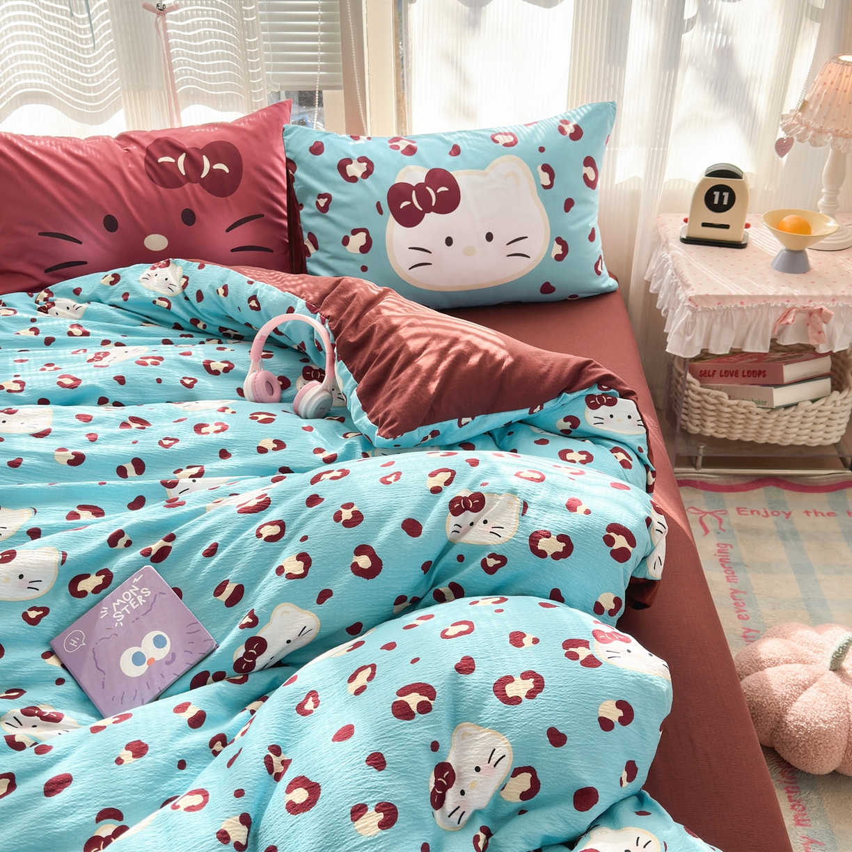 91家纺网 家纺一手货源 找家纺 一霖家纺 2026新款云感皱皱纱小清新印花数码系列四件套 小红书爆款 大脸二胡猫-蓝