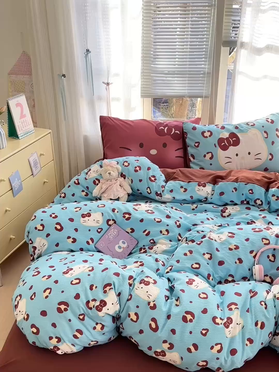 91家纺网 家纺一手货源 找家纺 一霖家纺 2026新款云感皱皱纱小清新印花数码系列四件套 小红书爆款 大脸二胡猫-蓝