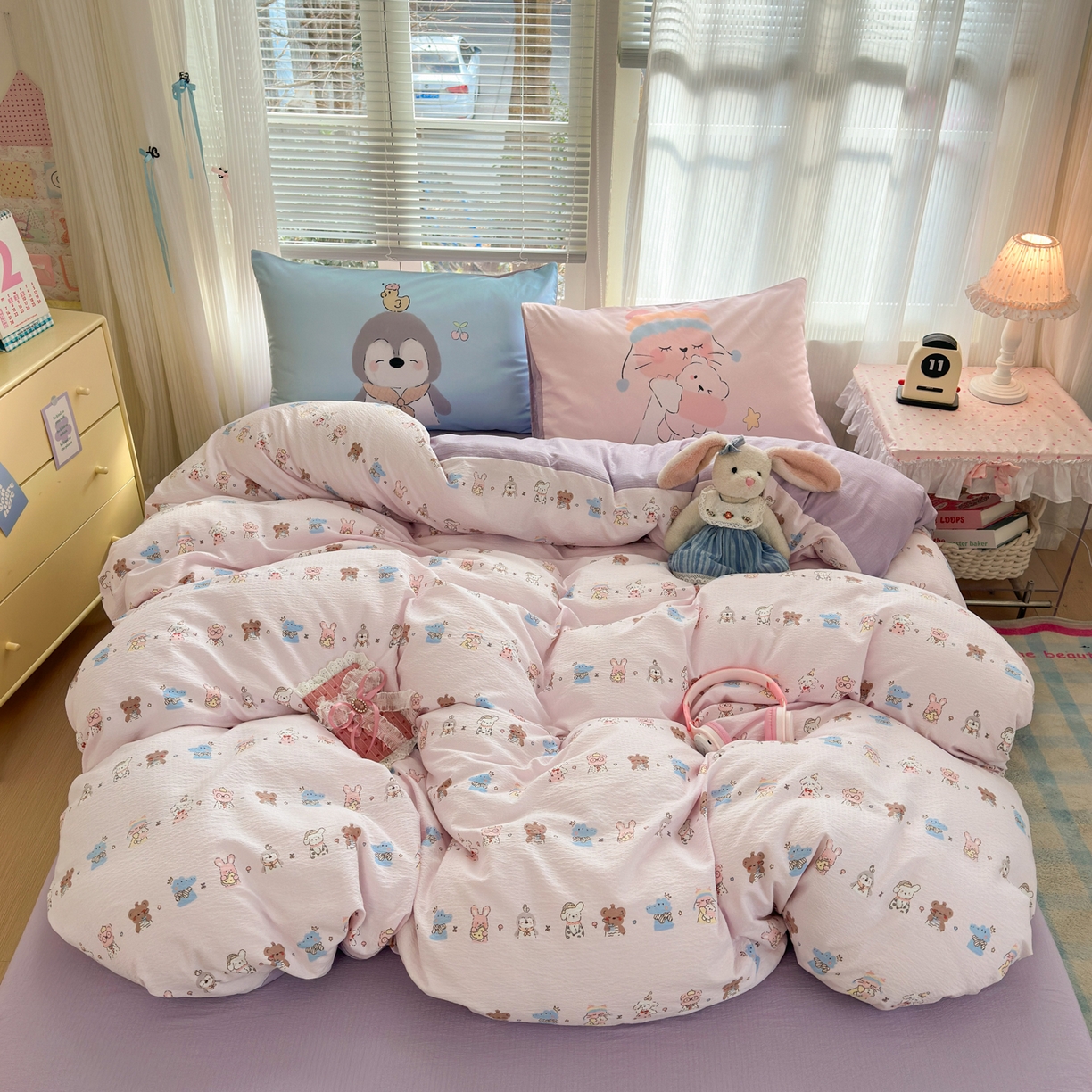 91家纺网 家纺一手货源 找家纺 一霖家纺 2026新款云感皱皱纱小清新印花数码系列四件套 小红书爆款 动物游园