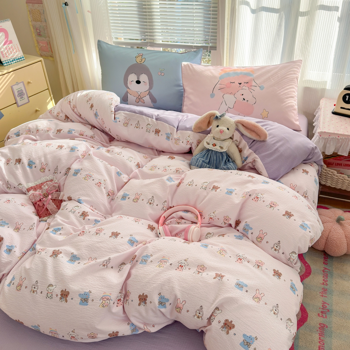 91家纺网 家纺一手货源 找家纺 一霖家纺 2026新款云感皱皱纱小清新印花数码系列四件套 小红书爆款 动物游园