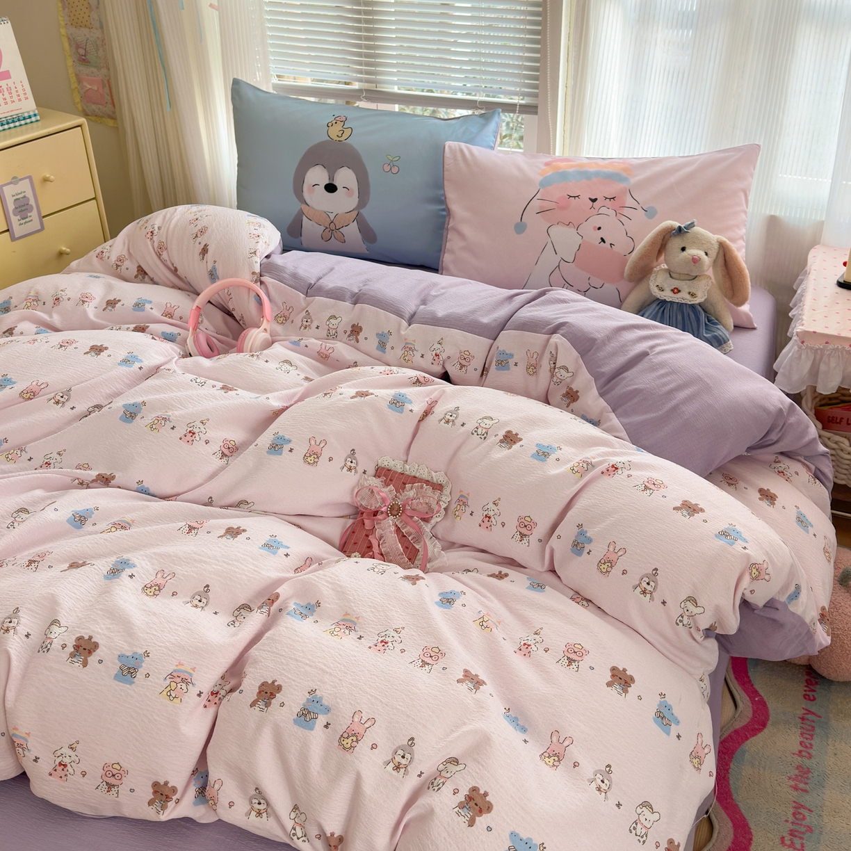 91家纺网 家纺一手货源 找家纺 一霖家纺 2026新款云感皱皱纱小清新印花数码系列四件套 小红书爆款 动物游园