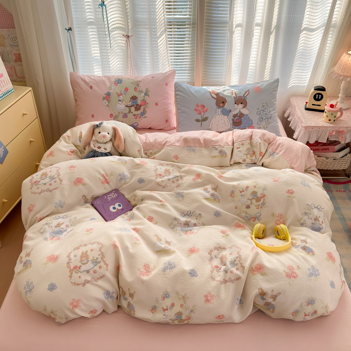 91家纺网 家纺一手货源 找家纺 一霖家纺 2026新款云感皱皱纱小清新印花数码系列四件套 小红书爆款 花丛小兔