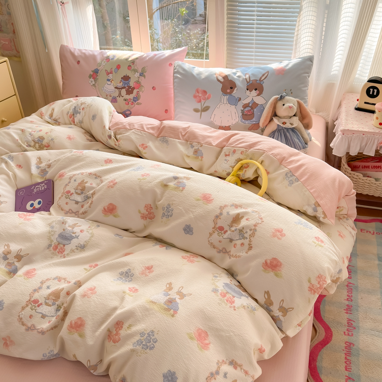 91家纺网 家纺一手货源 找家纺 一霖家纺 2026新款云感皱皱纱小清新印花数码系列四件套 小红书爆款 花丛小兔