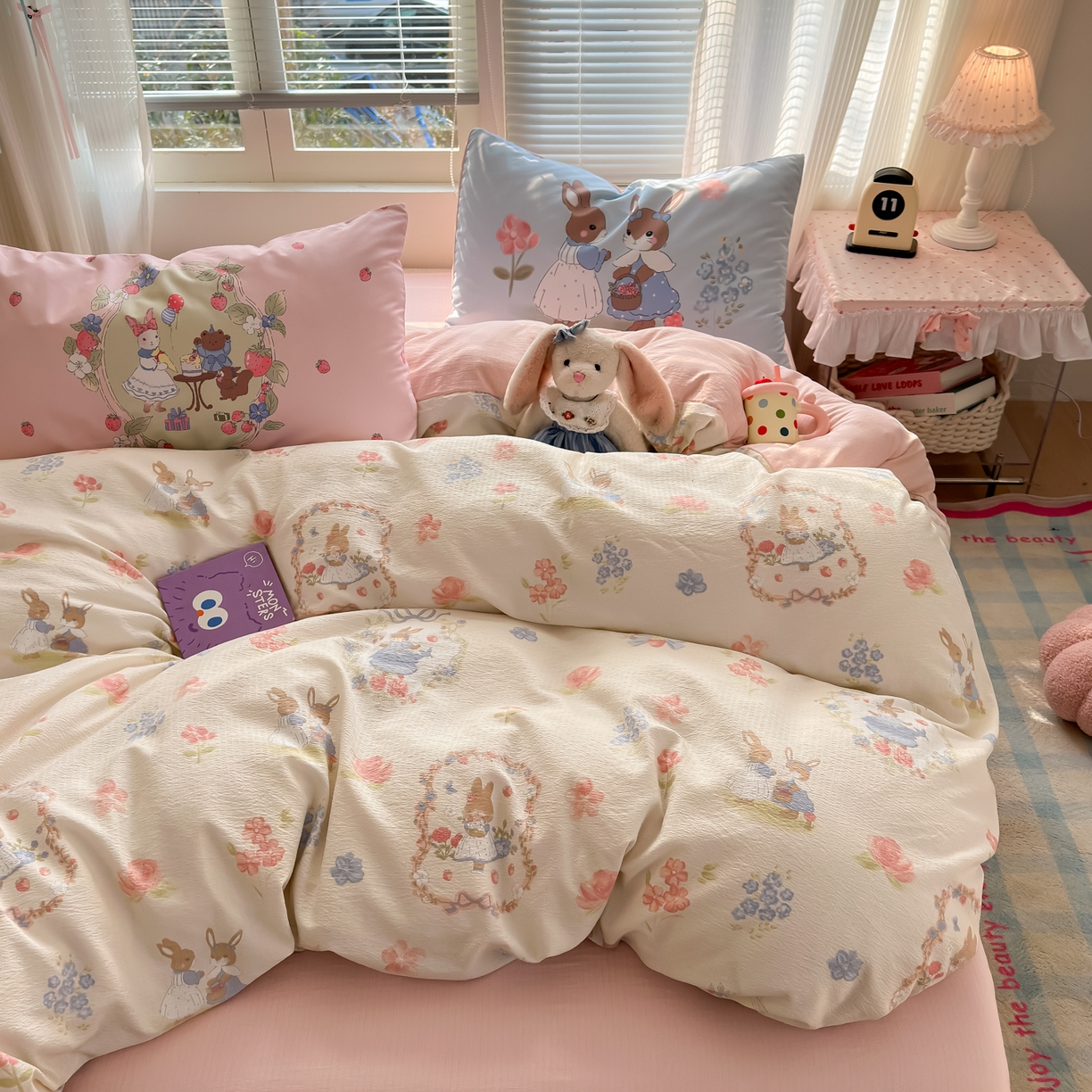 91家纺网 家纺一手货源 找家纺 一霖家纺 2026新款云感皱皱纱小清新印花数码系列四件套 小红书爆款 花丛小兔