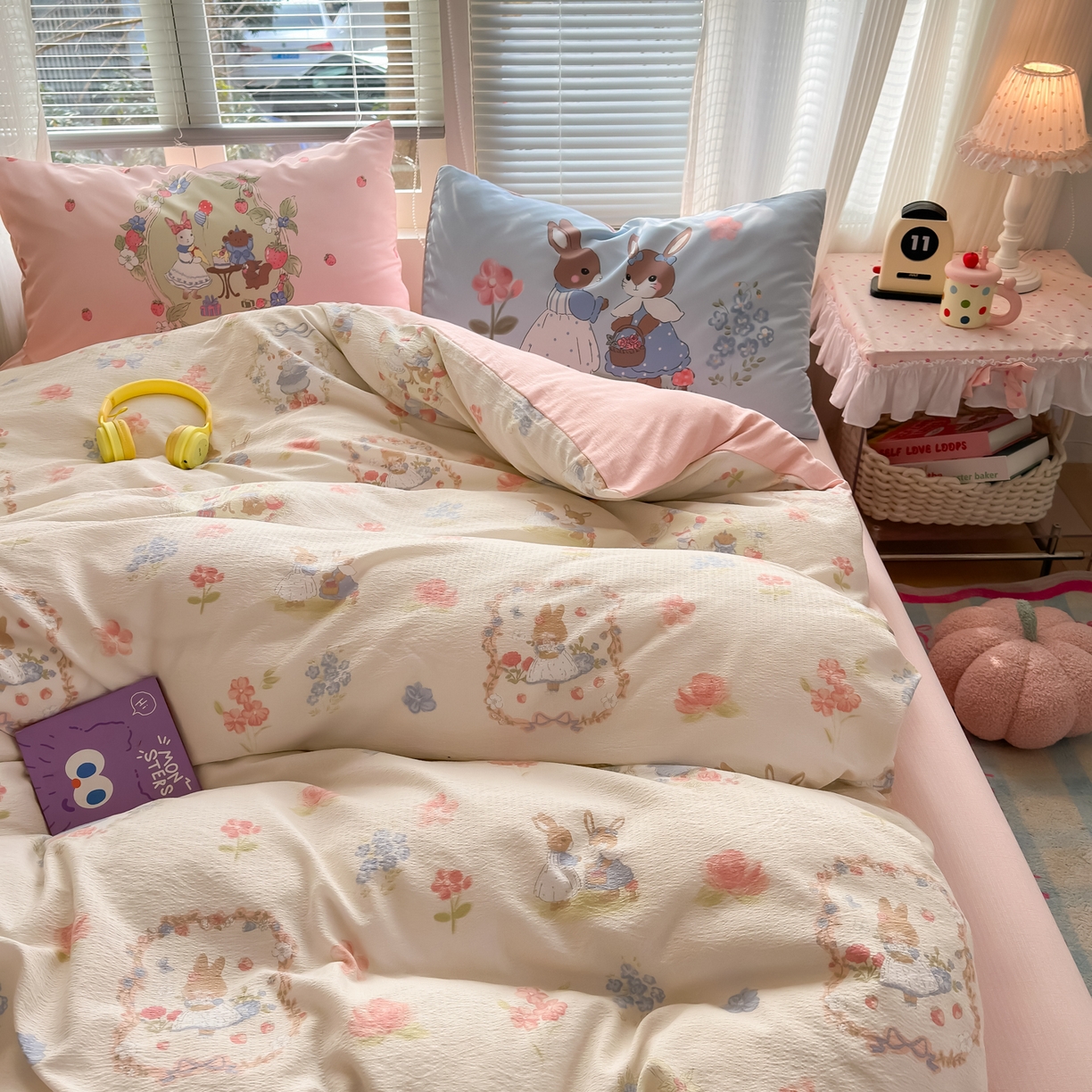 91家纺网 家纺一手货源 找家纺 一霖家纺 2026新款云感皱皱纱小清新印花数码系列四件套 小红书爆款 花丛小兔