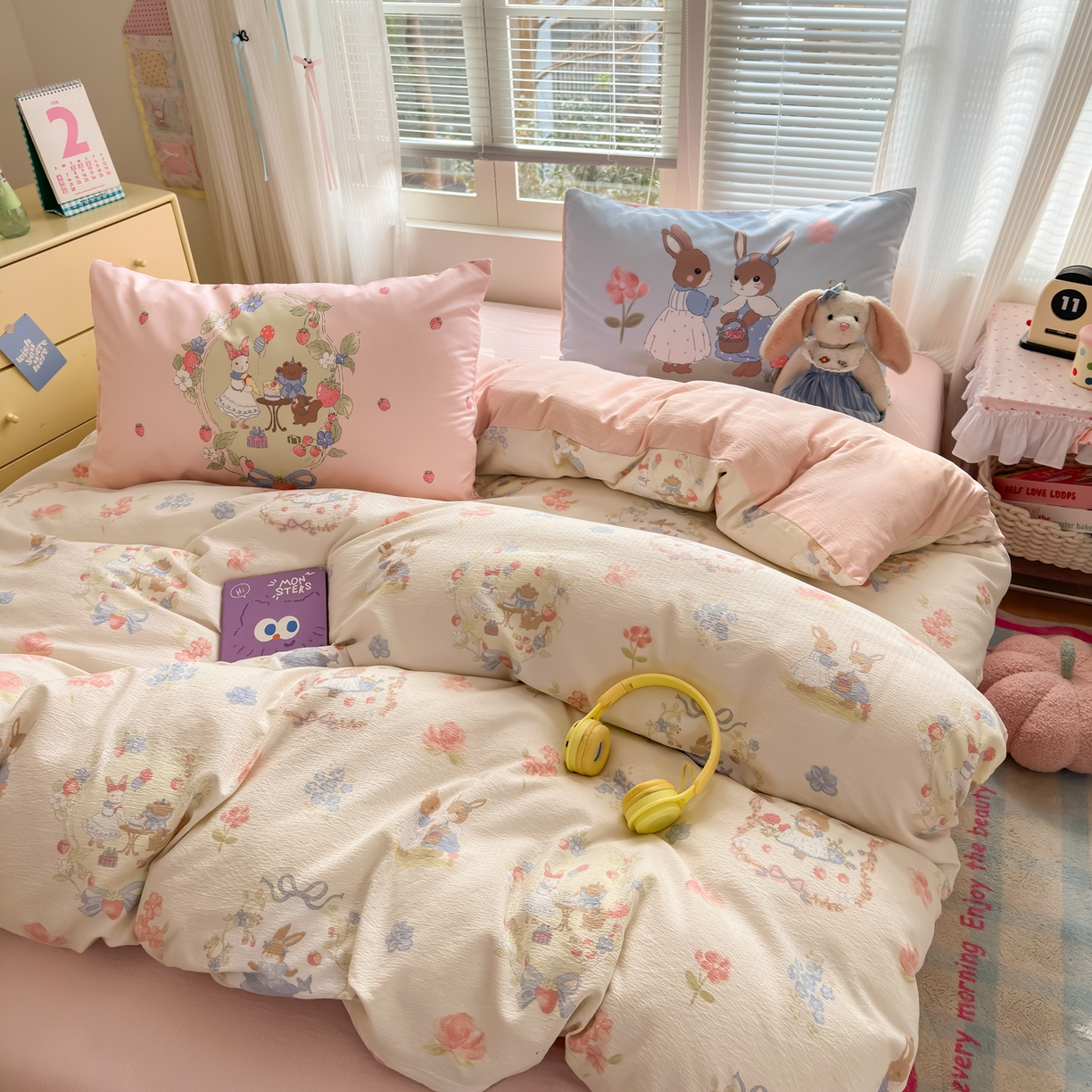 91家纺网 家纺一手货源 找家纺 一霖家纺 2026新款云感皱皱纱小清新印花数码系列四件套 小红书爆款 花丛小兔