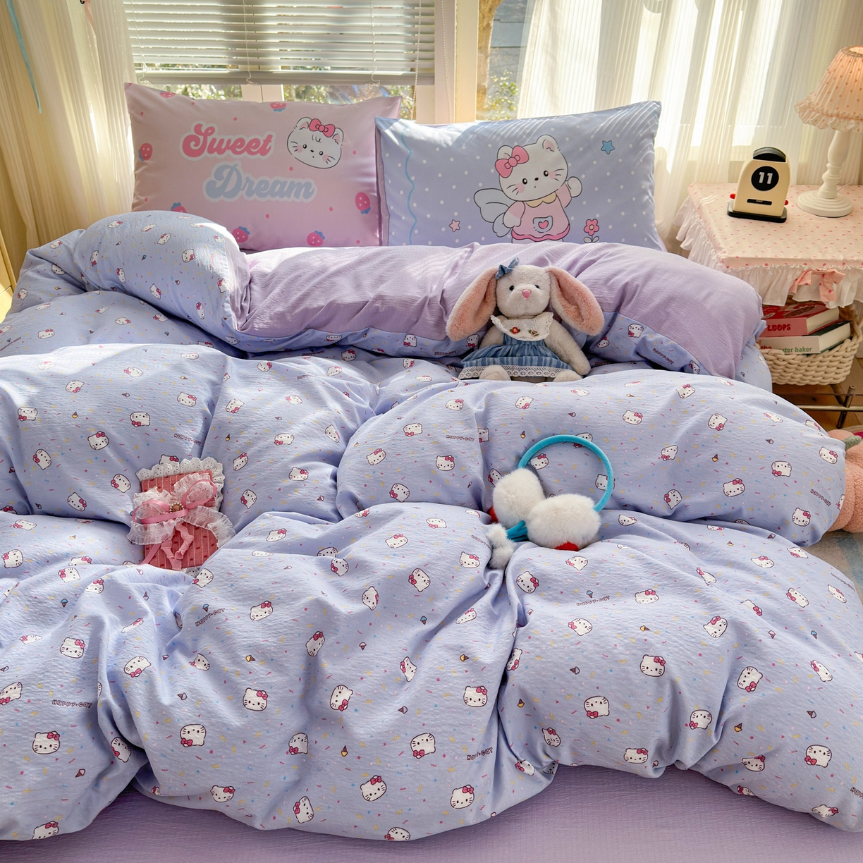 一霖家纺 2026新款云感皱皱纱小清新印花数码系列四件套 小红书爆款 蓝莓奶糖