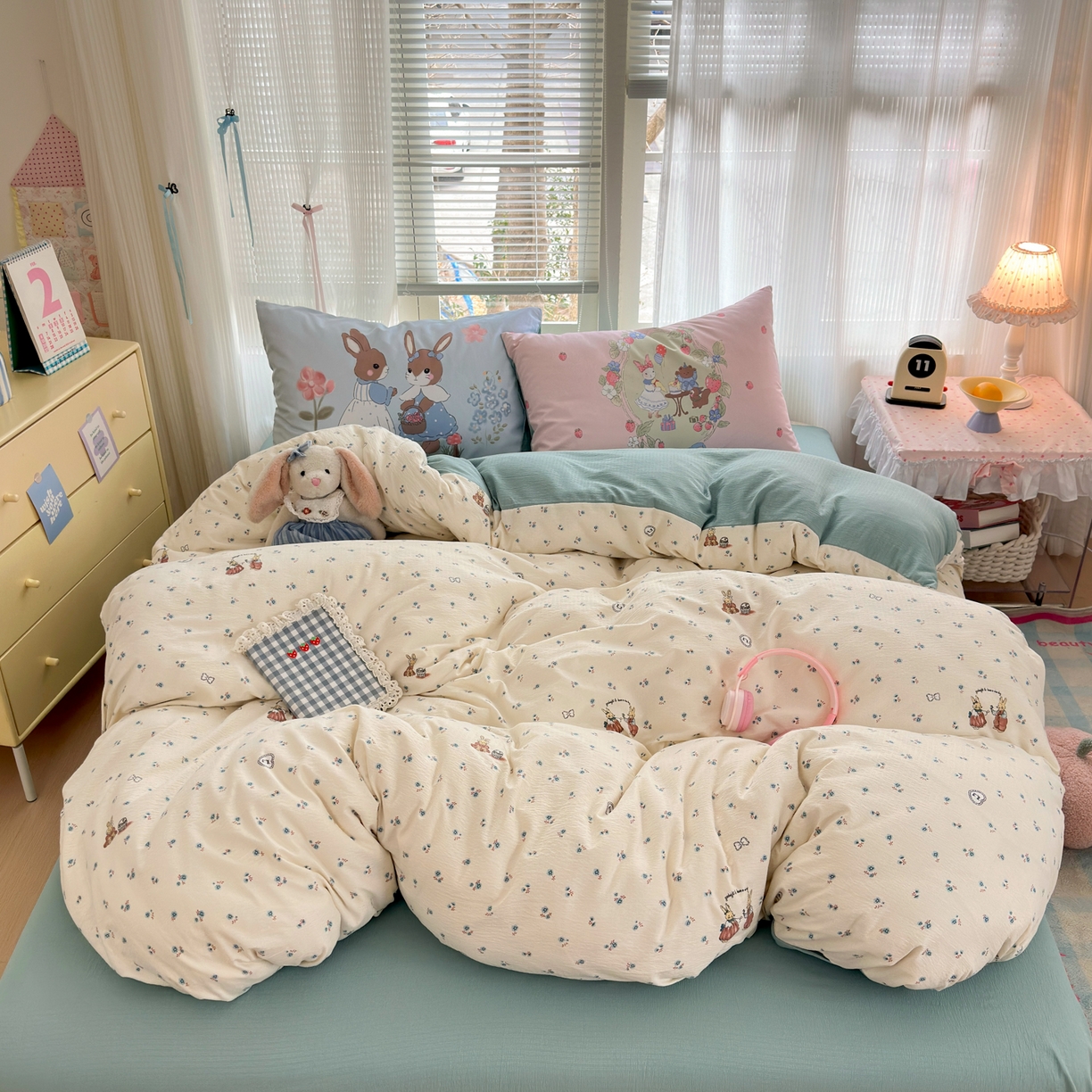 91家纺网 家纺一手货源 找家纺 一霖家纺 2026新款云感皱皱纱小清新印花数码系列四件套 小红书爆款 浪漫兔兔