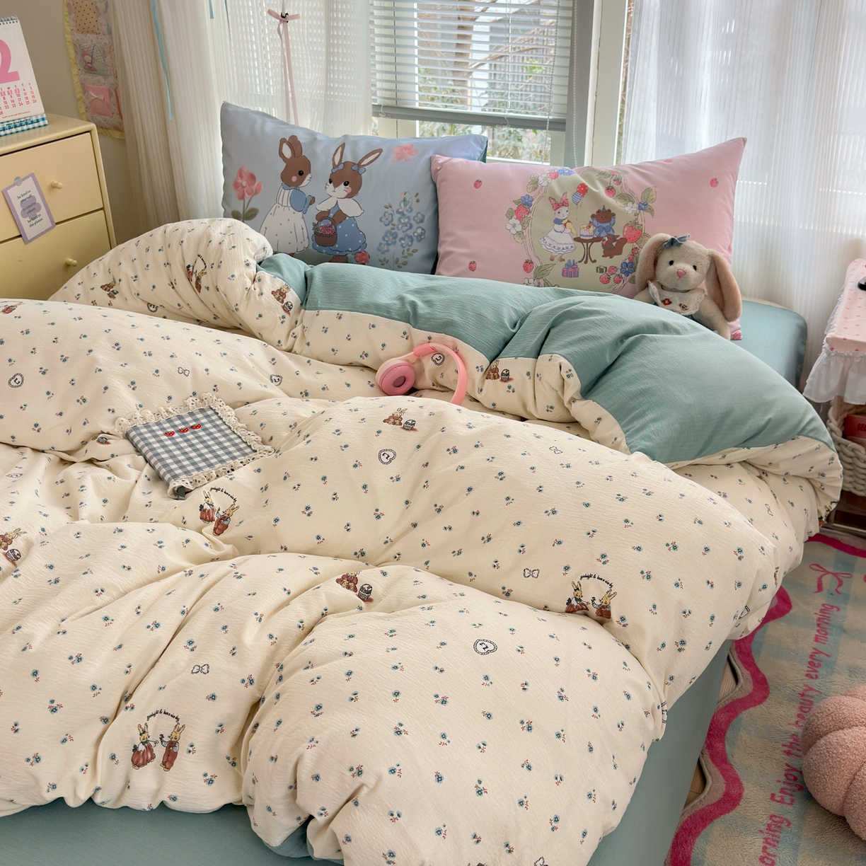 91家纺网 家纺一手货源 找家纺 一霖家纺 2026新款云感皱皱纱小清新印花数码系列四件套 小红书爆款 浪漫兔兔