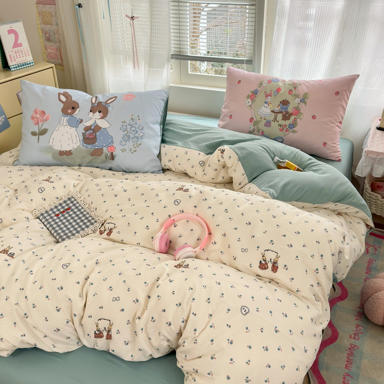 91家纺网 家纺一手货源 找家纺 一霖家纺 2026新款云感皱皱纱小清新印花数码系列四件套 小红书爆款 浪漫兔兔