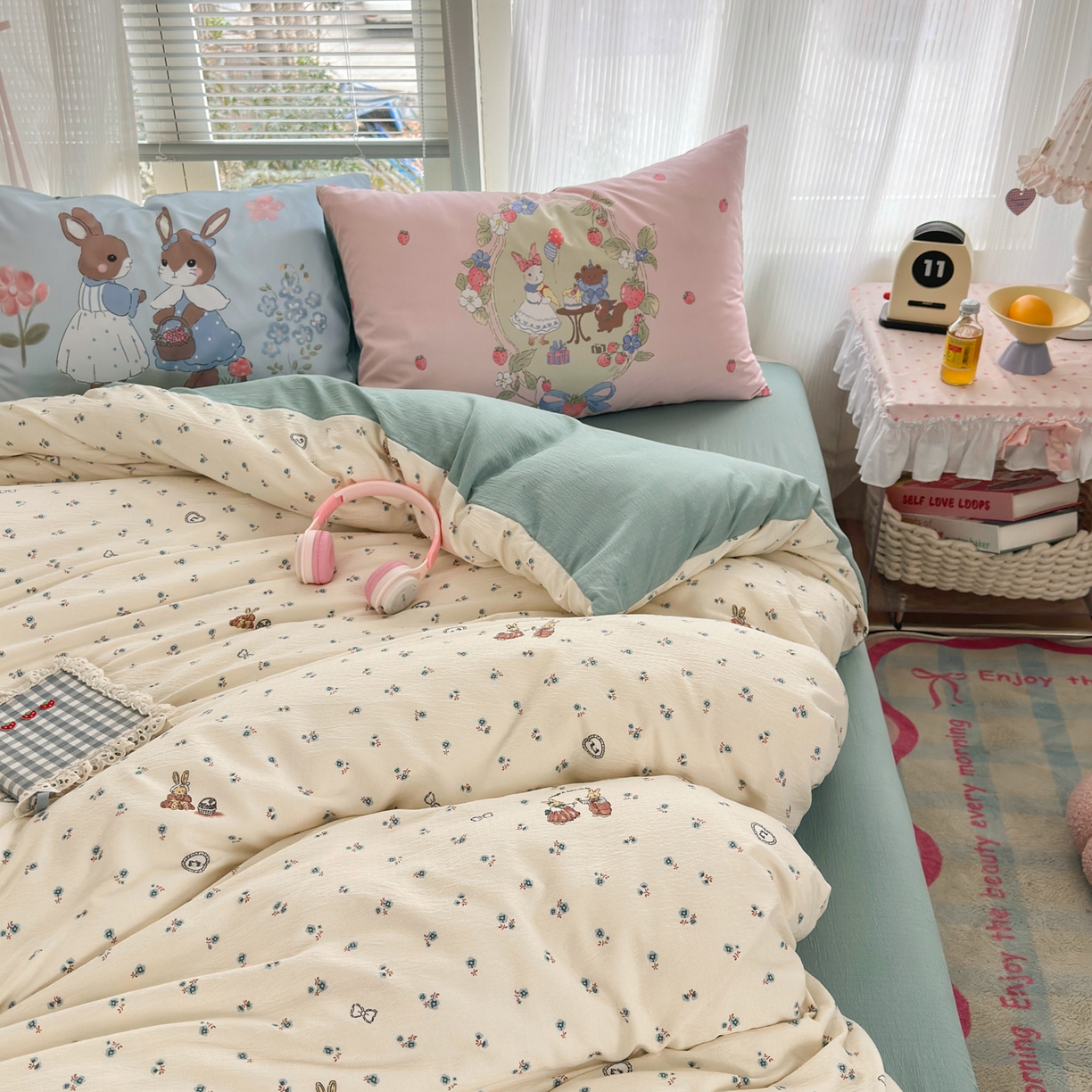 91家纺网 家纺一手货源 找家纺 一霖家纺 2026新款云感皱皱纱小清新印花数码系列四件套 小红书爆款 浪漫兔兔