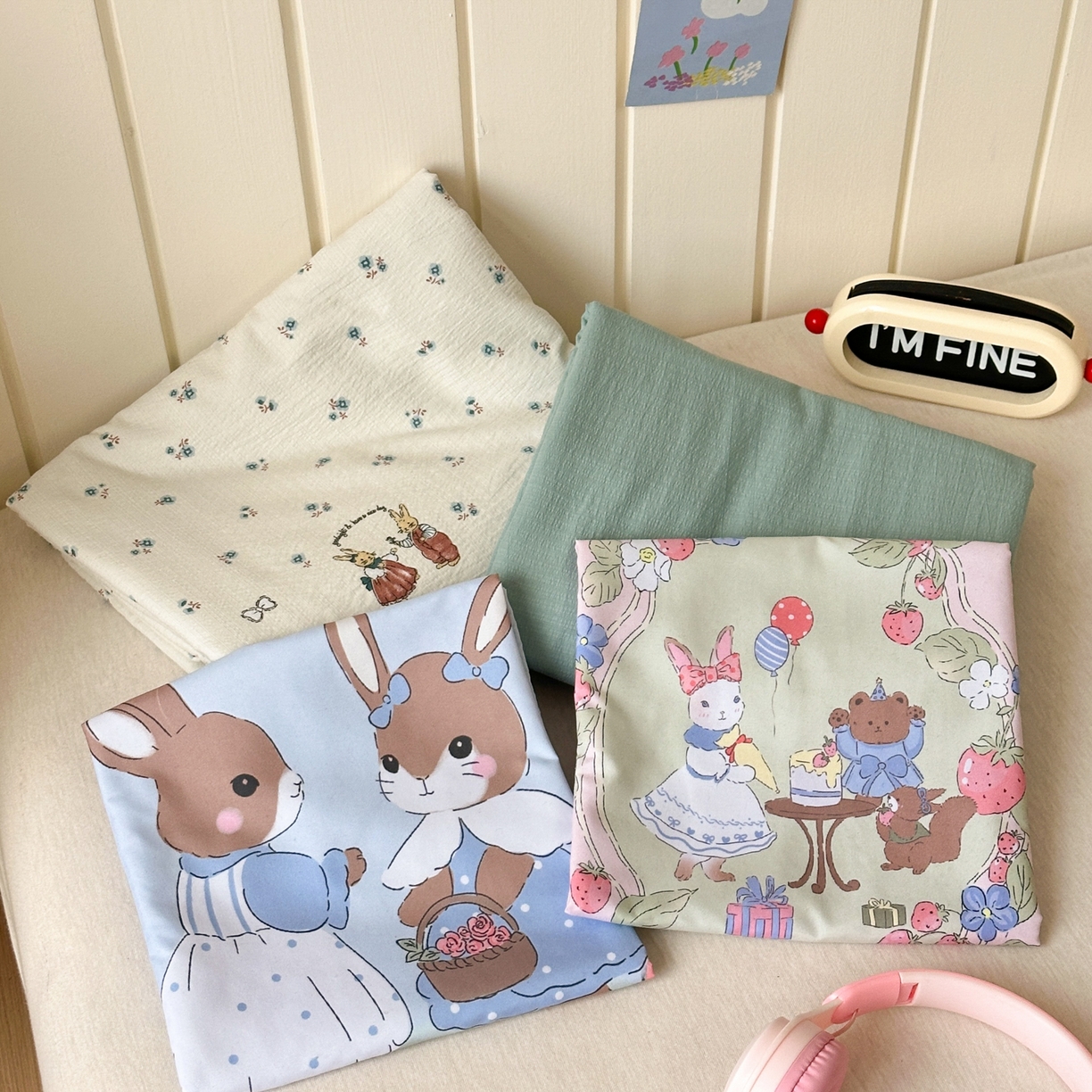 91家纺网 家纺一手货源 找家纺 一霖家纺 2026新款云感皱皱纱小清新印花数码系列四件套 小红书爆款 浪漫兔兔