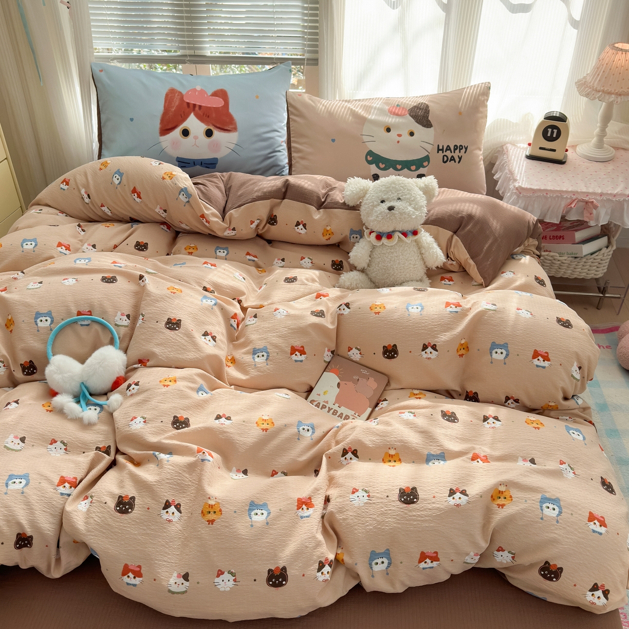 一霖家纺 2026新款云感皱皱纱小清新印花数码系列四件套 小红书爆款 萌猫来袭