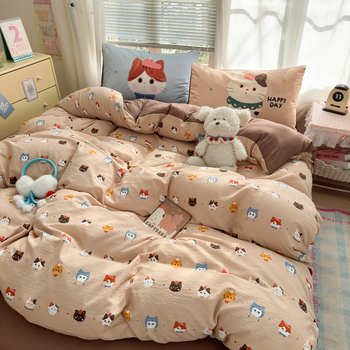 91家纺网 家纺一手货源 找家纺 一霖家纺 2026新款云感皱皱纱小清新印花数码系列四件套 小红书爆款 萌猫来袭