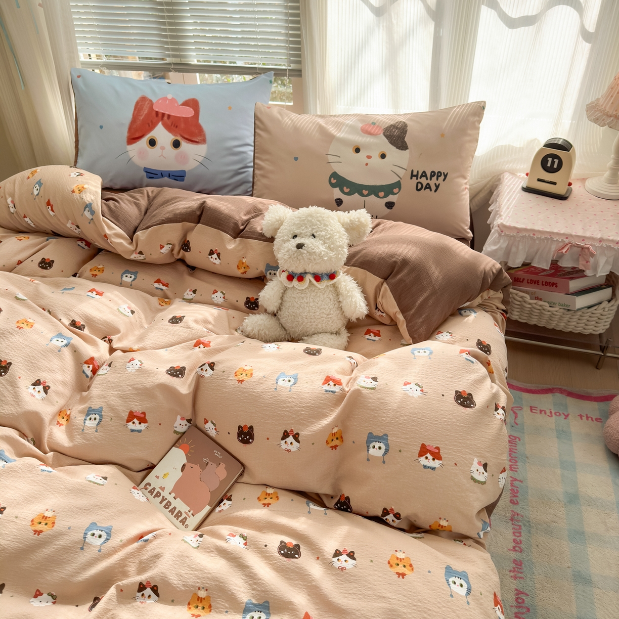 91家纺网 家纺一手货源 找家纺 一霖家纺 2026新款云感皱皱纱小清新印花数码系列四件套 小红书爆款 萌猫来袭